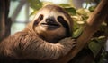 Cheerful Sloth Hanging on a Tree in a Lush Green Jungle Environment Royalty Free Stock Photo