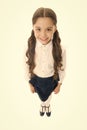 Cheerful smile. Girl cute pupil on white background. School uniform. Back to school. Student little kid adores school
