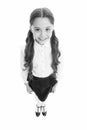 Cheerful smile. Girl cute pupil on white background. School uniform. Back to school. Student little kid adores school