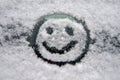 Cheerful smiley face on the snowy windshield of a car