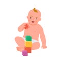 Cheerful smiling baby playing with colorful cubes vector flat illustration. Baby playing developing toy Royalty Free Stock Photo