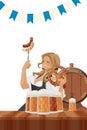 cheerful smiling blonde Bartender with sausages and pretzel in hands behind bar top with German beer steins