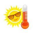 Cheerful, smiling cartoon sun in sunglasses next to the temperature thermometer Royalty Free Stock Photo