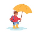 Cheerful Smiling Child with Umbrella and Rucksack Walk by Puddles at Autumn or Spring Rainy Weather. Happy Little Girl Royalty Free Stock Photo