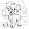 Cheerful smiling dog with a ball on the background of a house in cartoon style. Royalty Free Stock Photo