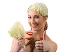 Girl holding cabbage leaf in hands and shows like Royalty Free Stock Photo