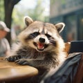 Cheerful smiling laughing cute fluffy raccoon, portrait, close-up
