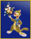 Cheerful, smiling leopard with flowers