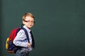 Cheerful smiling little kid with big backpack