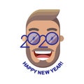 Cheerful smiling short bearded man with curled mustache and glasses - a symbol of the upcoming 2020. Happy new year