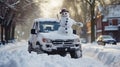 Cheerful smiling snowman on the hood of a car, in the city on a cold winter day. Car parked in the snowdrift. Generative AI