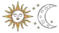 Cheerful Smiling Sun and Moon Faces, Whimsical Celestial Art, vector design Generative AI Royalty Free Stock Photo