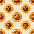 Cheerful smiling sunflower pattern design featuring happy cartoon faces repeated across a light neutral background creating a Royalty Free Stock Photo