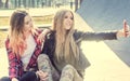 Cheerful smiling teen girls taking selfie Royalty Free Stock Photo