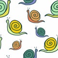 Cheerful snails seamless pattern. Multicolored cartoon snails on a white background