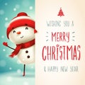 Cheerful snowman with big signboard. Merry Christmas calligraphy lettering design.