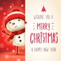 Cheerful snowman with big signboard. Merry Christmas calligraphy lettering design. Royalty Free Stock Photo