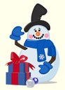 Cheerful snowman with gift boxes. Greeting card. Vector illustration.