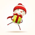Cheerful snowman with gift present. Isolated