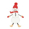 Cheerful snowman in a red cap with a ponpon, scarf, mittens, felt boots