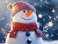 A Cheerful Snowman in a Red Hat and Scarf, with Snow Falling Around Him Royalty Free Stock Photo