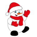 Cheerful snowman in a red Santa hat, scarf and mittens. Christmas and New Year Royalty Free Stock Photo