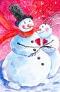 A cheerful snowman in a red scarf and a black hat hugs his beloved snowman girl against the background of the night sky with Royalty Free Stock Photo