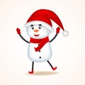 Cheerful Snowman with Red Scarf and SantaÃ¢â¬â¢s Cap. Royalty Free Stock Photo