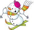 Cheerful snowman on skis Royalty Free Stock Photo