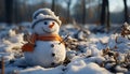 Cheerful snowman smiles, playing in winter frozen beauty generated by AI