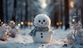 Cheerful snowman smiling, winter celebration outdoors, snowing, glowing Christmas tree generated by AI Royalty Free Stock Photo