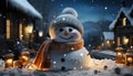 Cheerful snowman smiling, winter night, snowing, Christmas decoration, glowing generated by AI