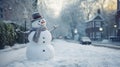 Cheerful snowman wearing scarf and hat, on the side of a snowy street in the city on a cold winter day. Generative AI