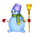 A cheerful snowman with white coal eyes with a scarf and broom i