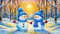 Cheerful snowmen holding hands at the park, Christmas greeting card