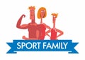 Cheerful sports family. Strong Dad, mom and son. The inscription Sports family