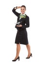 Cheerful stewardess with model airplane
