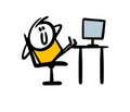 A cheerful stickman is sitting with his feet on the table and idling watching a movie on the computer on the Internet.