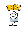 Cheerful stickman smiles and holds a hundred percent sign in his hands. Vector illustration of a man and an exact