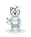 A cheerful striped Bengal tiger doctor in a medical uniform with a shot and a vaccine, the symbol of the year 2022.