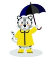 A cheerful striped Bengal tiger in a yellow raincoat in boots with an umbrella, the symbol of 2022.