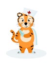 A cheerful striped tiger doctor in a medical uniform with a shot and a vaccine, the symbol of the year 2022. Vector illustration