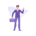 Cheerful stylish business man holding briefcase with documents greeting hand vector flat
