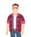 Cheerful stylish young man standing. Happy trendy person wearing casual fashion costume. Smiling male character design.