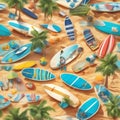 Cheerful summer beach scene with surfboards and sunbathers Lively and vibrant seaside illustration2