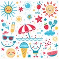 Cheerful summer illustrations sun, beach, ice cream, flowers Royalty Free Stock Photo
