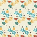 A cheerful summer pattern of tropical fruits, glasses for the sun on a light background. Can be used for card
