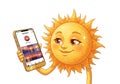 Cheerful sun character holding smartphone displaying calendar with smiling expression Royalty Free Stock Photo