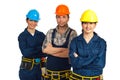 Cheerful team of three constructor workers