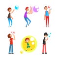 Cheerful Teen Boy Blowing Colorful Soap Bubbles Having Fun Vector Set